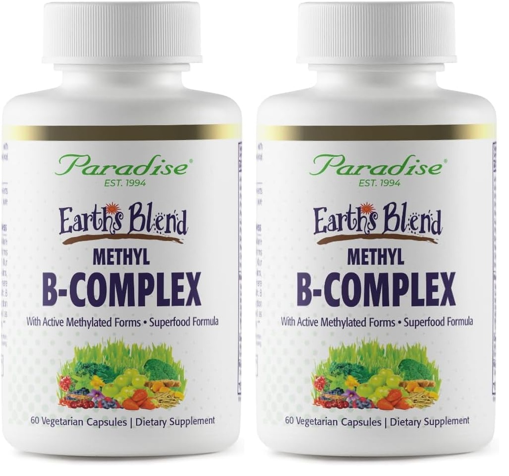 Paradise Herbs, Earth's Blend B-Complex, Methylated, Enzymatically Active Forms of B Vitamins + Superfoods, Supports Energy & Immunity, 60 Capsules (Pack of 2)