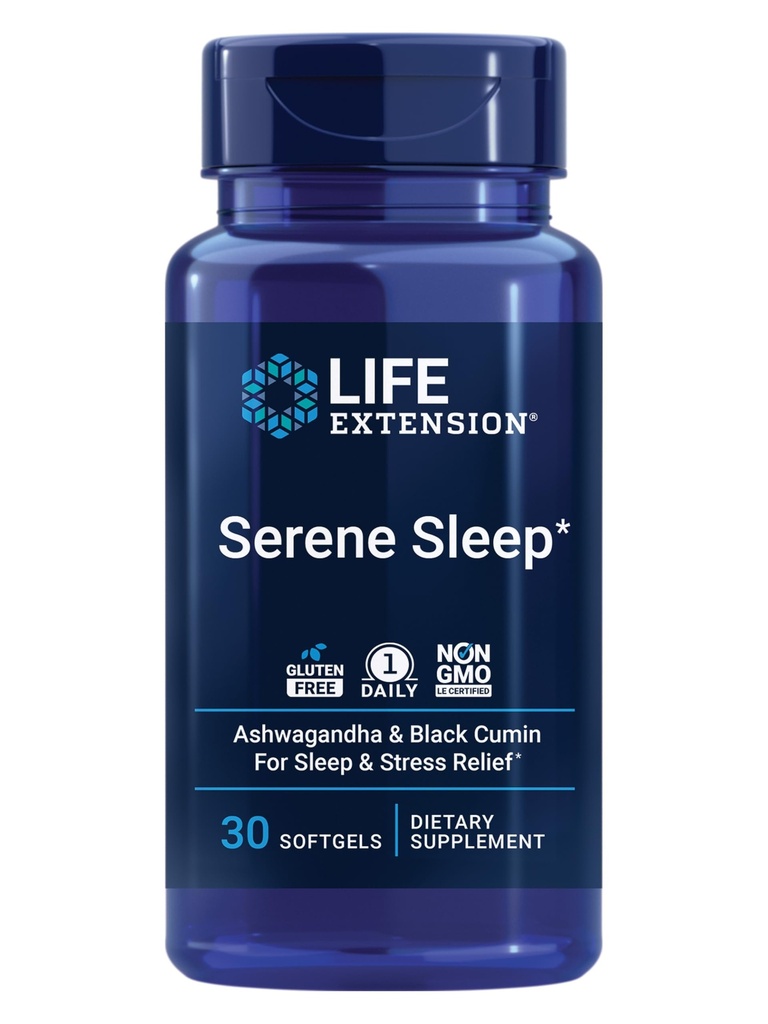 Επέκταση ζωής Serene Sleep – Ashwagandha, Black Cumin – Συμπλήρωμα ύπνου, ηρεμία, χαλάρωση, υποστήριξη ύπνου χωρίς μελατονίνη – άπαξ ημερησίως, χωρίς γλουτένη, μη ΓΤΟ – 30 Softgels