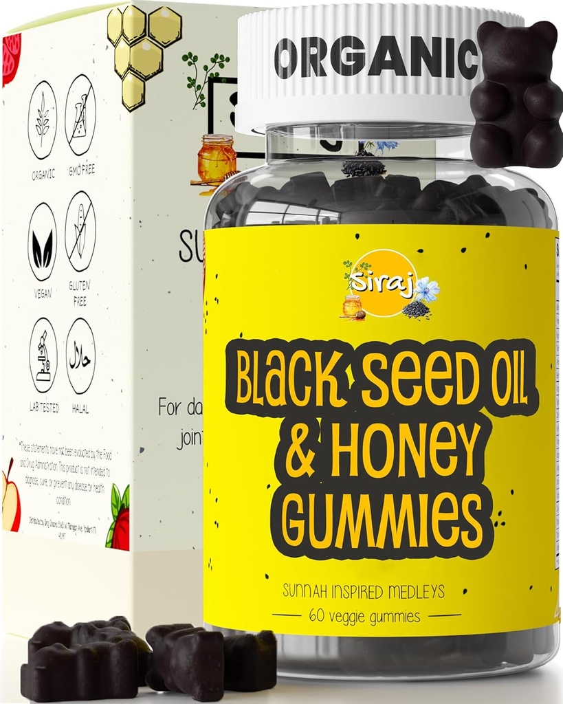 Siraj Organic Black Seed Oil Gummies w/Honey &15% Thymoquinone | Multivitamin for Immune Support, Stress Relief Gummy Vitamins | Turmeric, Apple Cider Vinegar, Multivitamin Gummies
