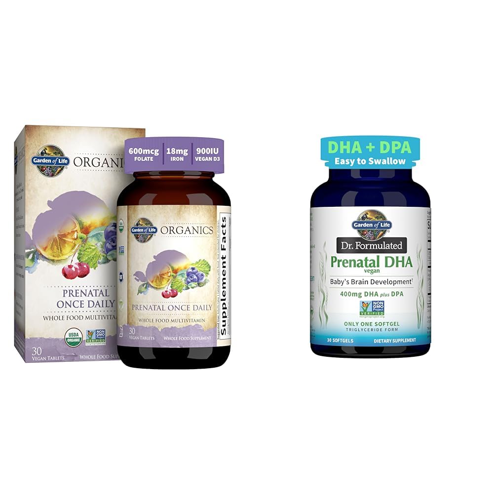 Garden of Life Organics Prenatal Multivitamin Folate Energy Healthy Fetal Development Bundle with Vegan DHA Omega-3 Brain Development Support