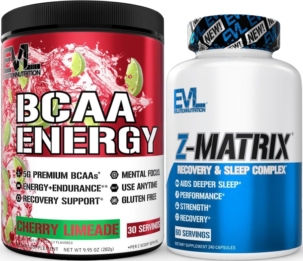 Evlution ZMatrix Magnesium and Zinc Post Workout Supplement (60 Servings) Plus Replenishing BCAAs Amino Acids Powder for Pre & Post Workout (Cherry Lime, 30 Servings)
