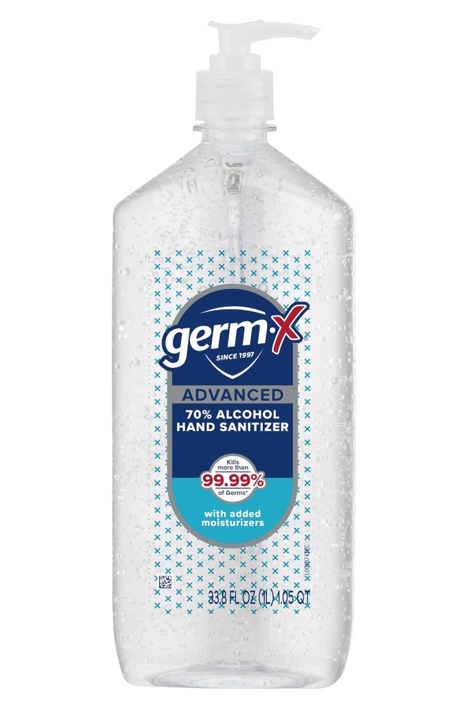 Germ-X Advanced Hand Sanitizer, 34 Fl Oz (1 Liter), Less Drying Moisturizing Clear Gel, No Rinse Formula, Large Family Size Pump Bottle