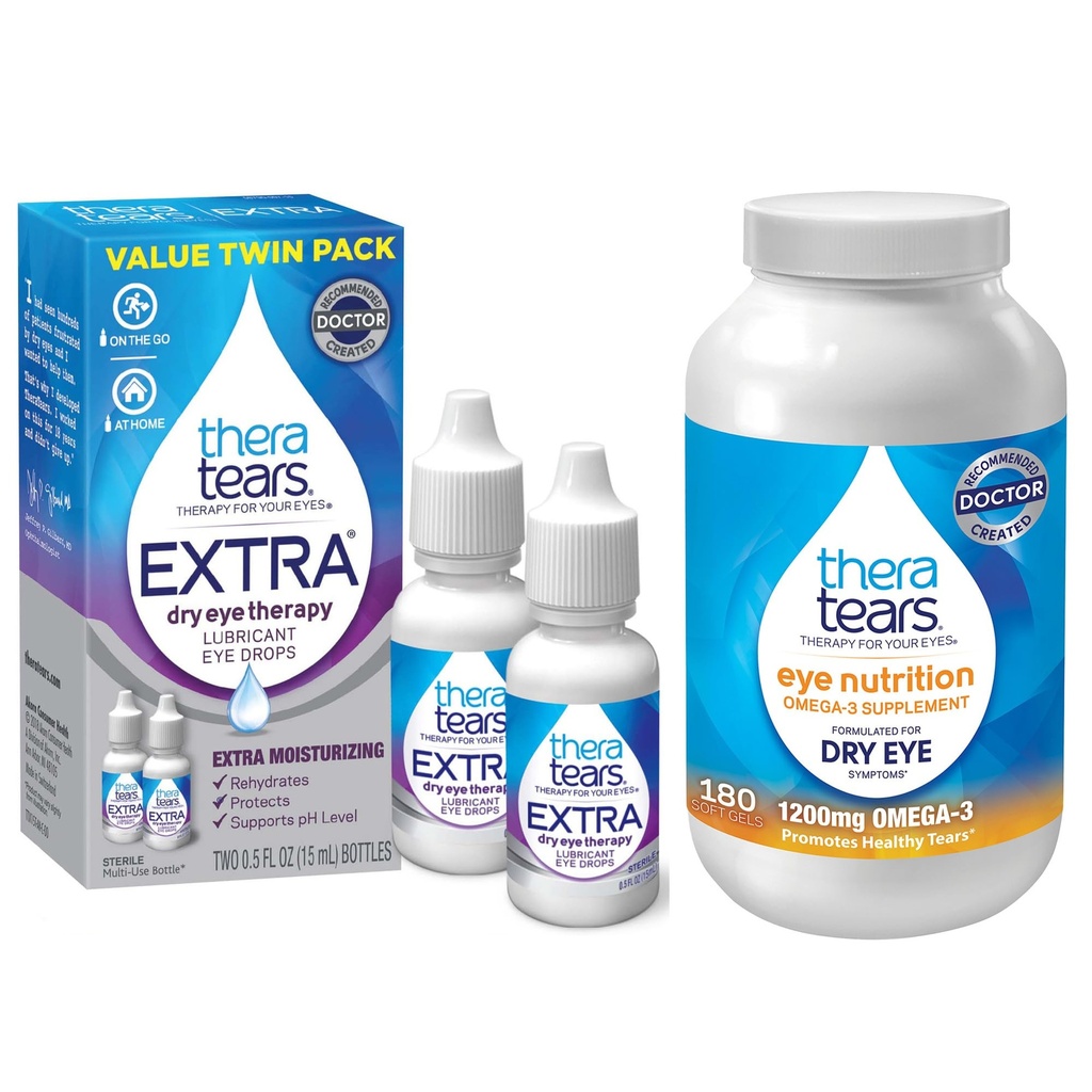 TheraTears 1200mg Omega 3 συμπλήρωμα για τη διατροφή των ματιών, οργανικό λιναρόσπορο Τριγλυκερίδια ιχθυέλαιο και βιταμίνη Ε, 180 κόμη με Thera Δάκρυα Οφθαλμικές σταγόνες για ξηρά μάτια, 0,5 fl Oz, 15 Ml, 2 συσκευασία