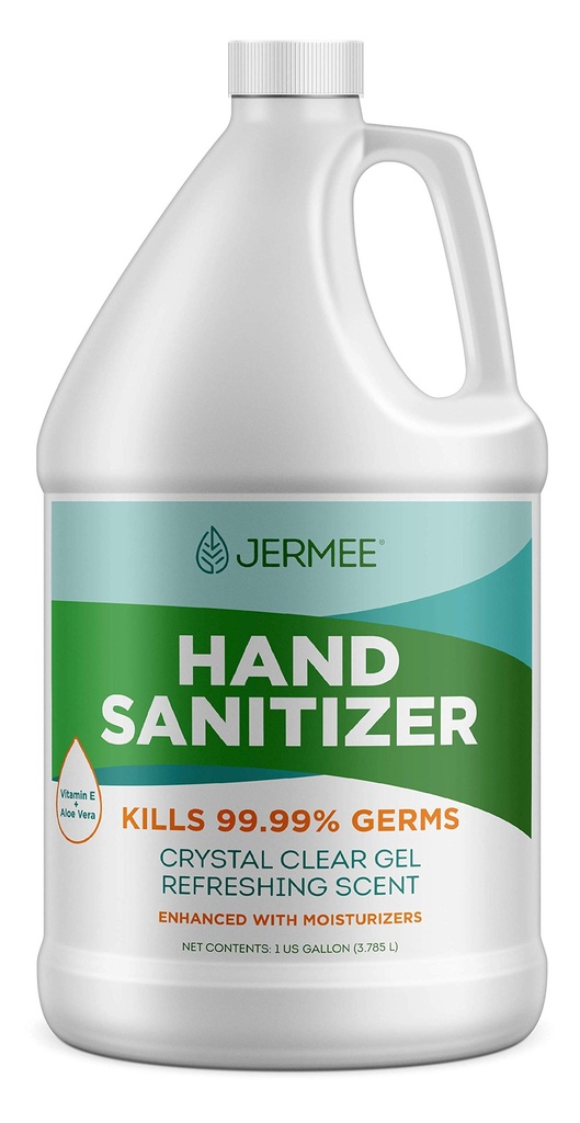 JERMEE Moisturizing Hand Sanitizer Gel, 70% Alcohol - Kills 99.99% Germs, Enhanced with Vitamin E and Aloe Vera - Crystal Clear Gel, Refreshing Scent, Made in USA - 1 Gallon