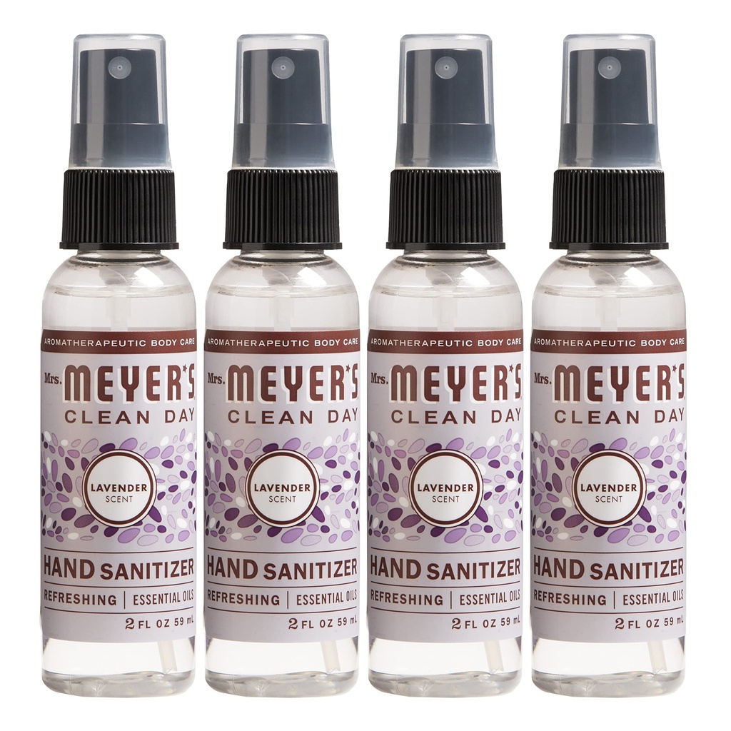 MRS. MEYER'S CLEAN DAY Antibacterial Hand Sanitizer Spray, Travel Size, Removes 99.9% of Bacteria, Lavender, 2 oz - Pack of 4