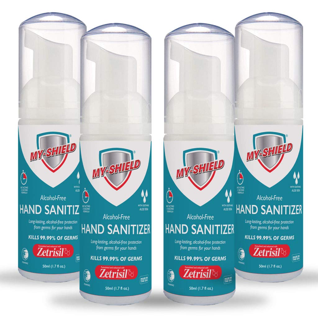 Hand Sanitizer Foam 1.7 oz (4 pack). Long-lasting protection. Softens hands with Aloe Vera. Formulated with Zetrisil. Alcohol FREE. FDA Registered