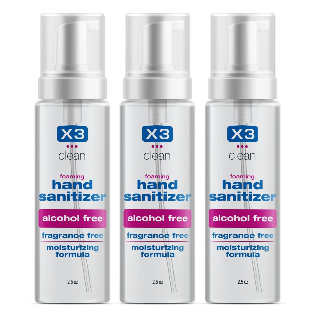 X3 Clean Foaming Hand Sanitizer, Alcohol Free and Fragrance Free, Kills 99.9% Germs, Moisturizing Formula, Travel Size 2.5 oz (3 Pack)