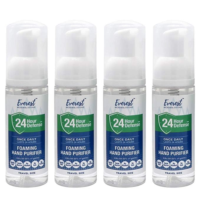 Everest Microbial Defense Foaming Hand Sanitizer 50mL Travel Size, 4 Pack | Pump Bottle, Alcohol Free Hand Sanitizer, Fragrance Free Moisturizing Foam, 24 Hour Protection, Sensitive Skin