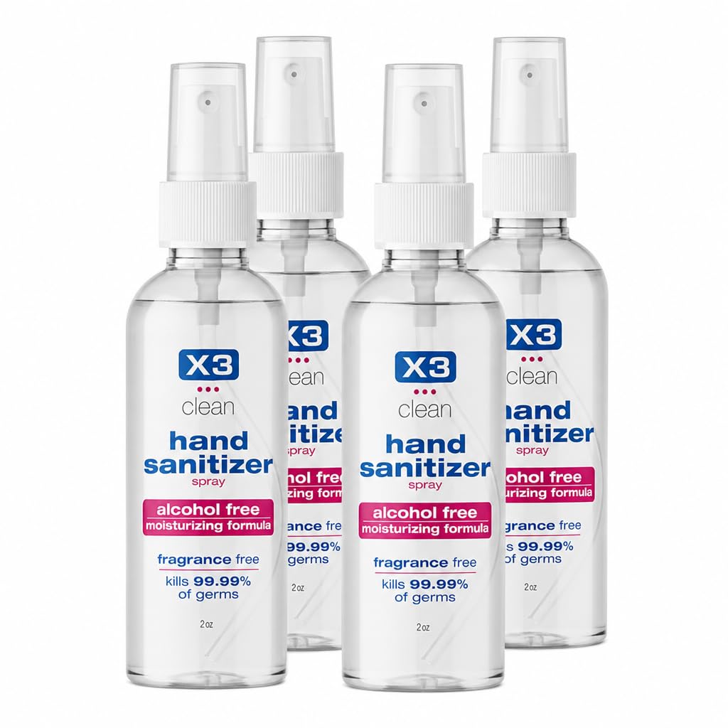 X3 Clean Hand Sanitizer Spray, Alcohol Free, Fragrance Free, Kills 99.9% of Bacteria, Travel Size 2 oz (Pack of 4)