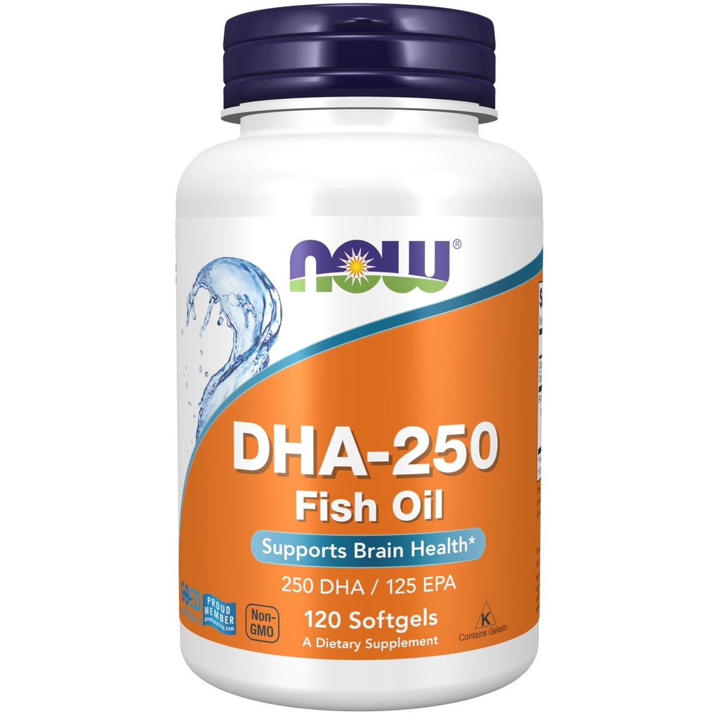 NOW Συμπληρώματα τροφίμων, DHA-250 με 125 EPA, Μοριακά Αποσταγμένο, Υποστηρίζει την υγεία του εγκεφάλου*, 120 Softgels