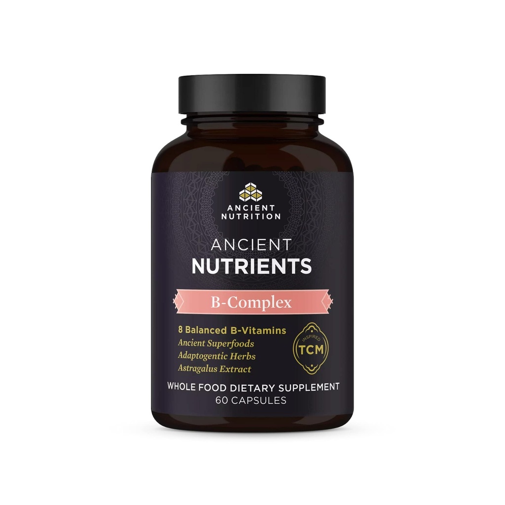 Ancient Nutrition Vitamin B Complex Supplement, 8 Balanced B-Vitamins, Υποστηρίζει επίπεδα Υγιούς Ενέργειας, Adaptogenic Herbs, Enzyme Ενεργοποιημένο, Παλαιό & Κετοφιλικό, 60 κάψουλες