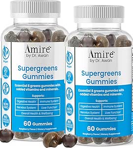 Amire by Dr. Awan Super Greens Gummies, Fruits & Veggies Supplement, Green Superfood for Immunity, Metabolism, Liver Function & Nervous System, Essential 8 Greens, 120ct, 60day Supply