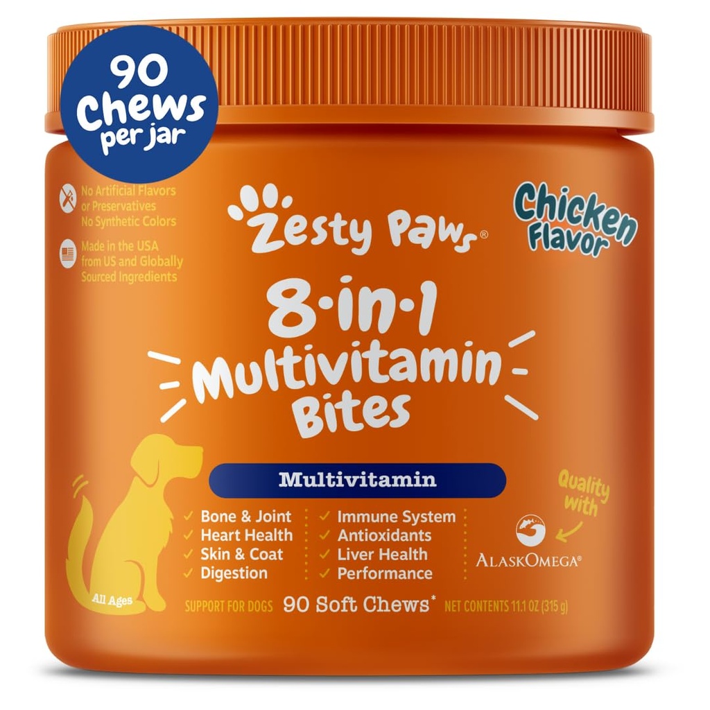 Zesty Paws Σκύλος πολυβιταμίνη, μασώμενα σκυλιά Βιταμίνες και συμπληρώματα για χιπ & αρθρώσεις, δέρμα & παλτό, Ωμέγα 3 ιχθυέλαιο για σκύλους - Senior & κουτάβι πολυβιταμίνη- κοτόπουλο- 90ct