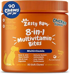 Zesty Paws Dog Multivitamin, Chewable Dog Vitamins and Supplements for Hip & Joints, Skin & Coat, Omega 3 Fish Oil for Dogs- Senior & Puppy Multivitamin- Chicken- 90ct