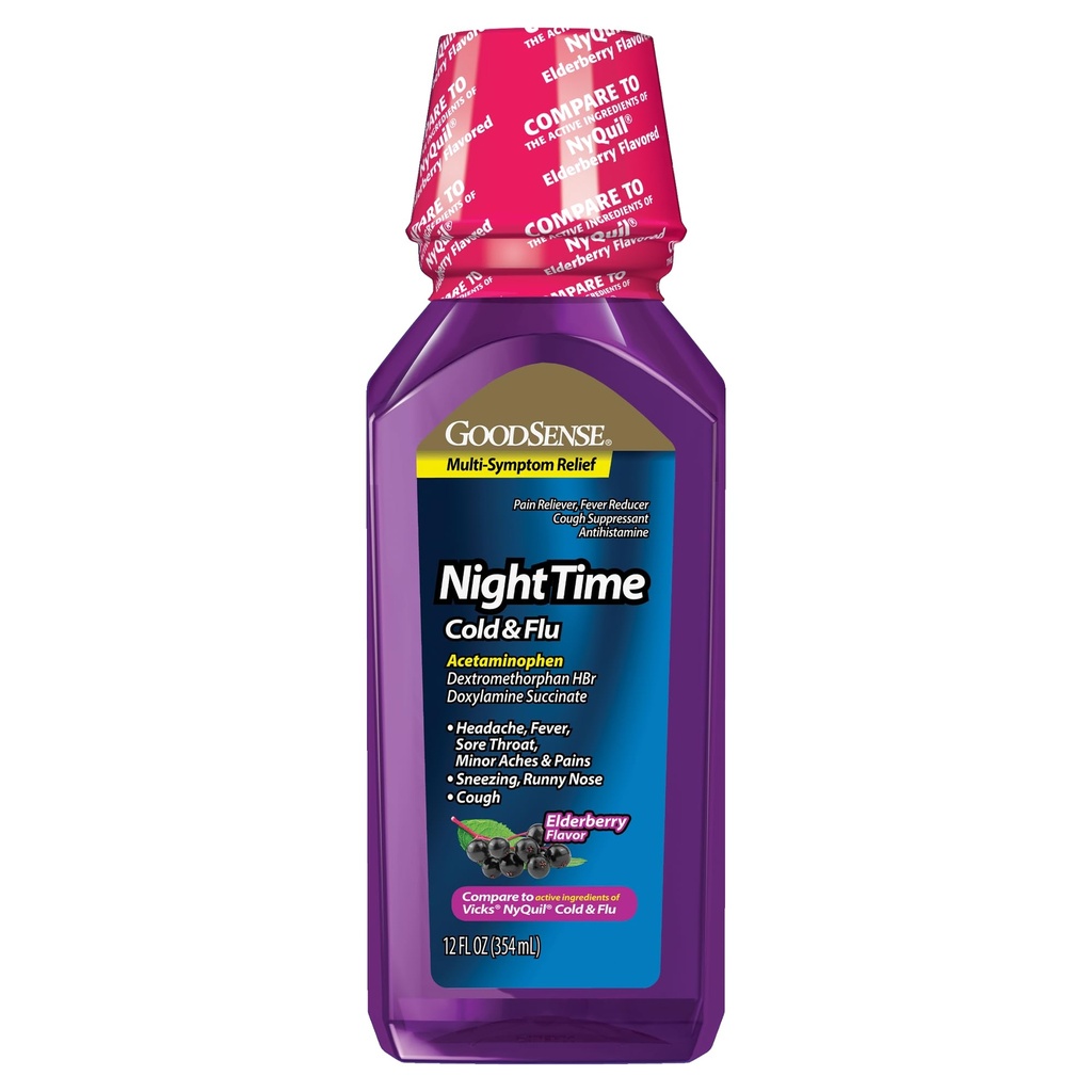 GoodSense Nighttime Cold & Flu Relief, Multi-Symptom, Elderberry Flavor, Nighttime Cold and Flu Medicine 12 Fl Oz