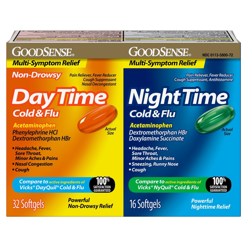 GoodSense Cold and Flu Relief Combo Pack, Daytime and Nighttime Softgels, Cold Medicine for Day and Night, 32+16 CT