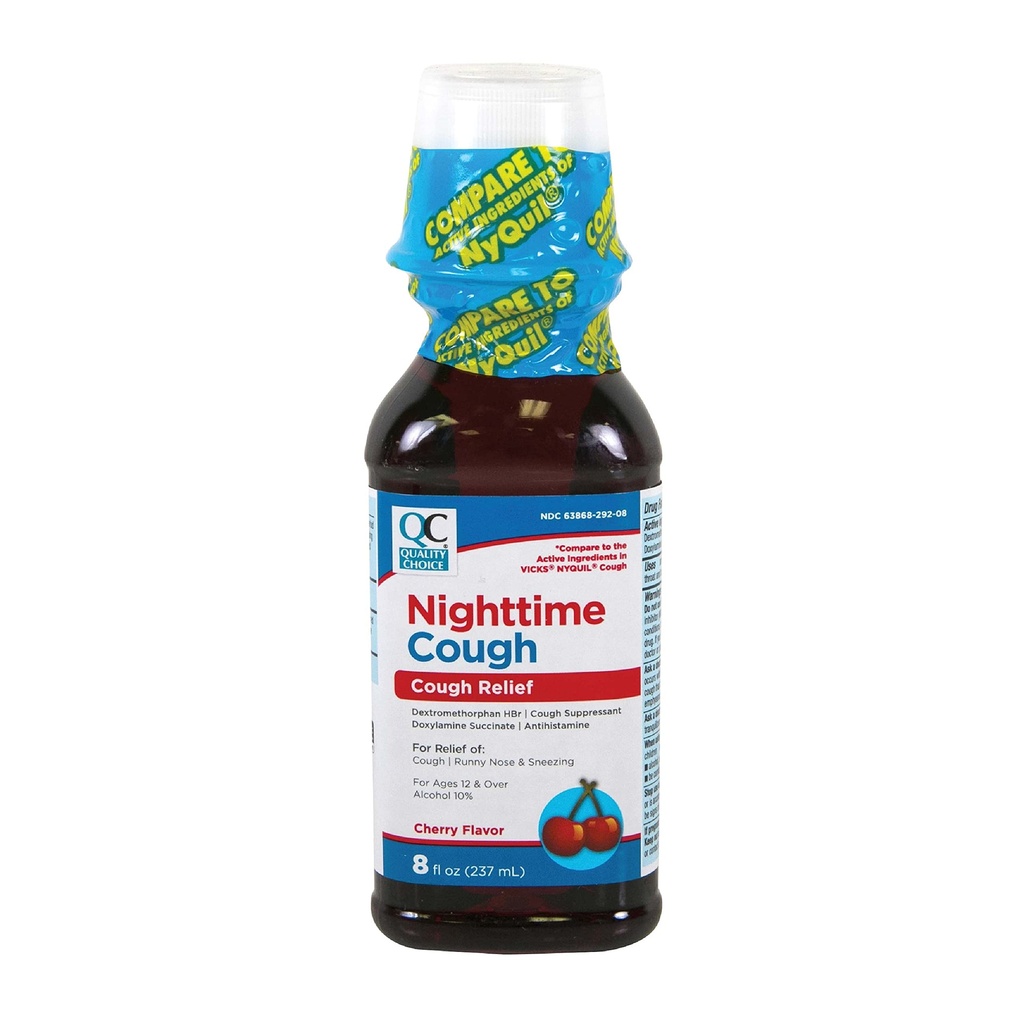 Quality Choice Adult Nighttime Cough Medicine, Cherry Flavored Night Time Cold and Flu Relief, Cough Syrup for Runny Nose & Sneezing, for Better Sleep, 8oz Bottle of Cherry Liquid Medicine