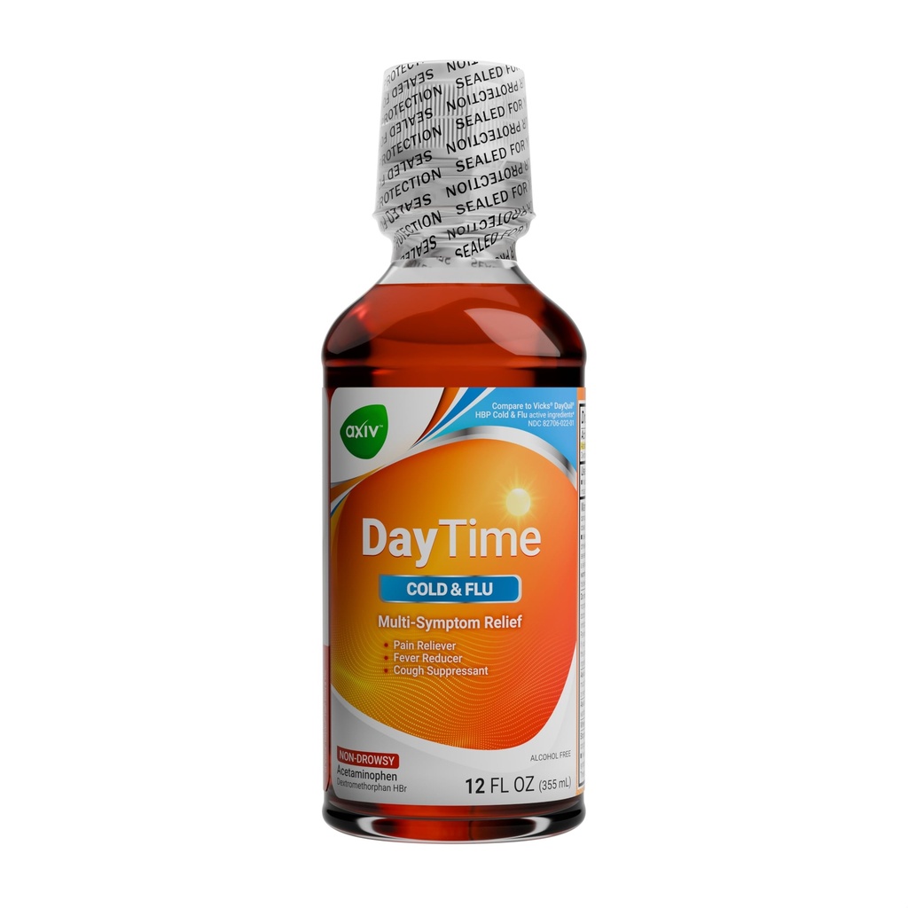 AXIV Daytime Multi-Symptom Day Relief for Cold, Cough, and Flu Symptom, Non-Drowsy, Alcohol Free, Cold & Flu Relief Liquid Medicine, 12 FL OZ