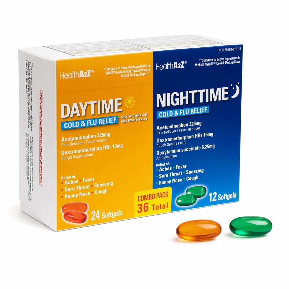 HealthA2Z® Daytime and Nighttime Cold & Flu Medicine, Decongestant-Free, Multi-Symptom Daytime and Nighttime Relief, 36 Softgels