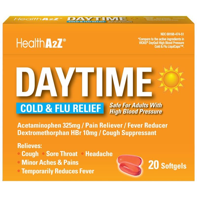 HealthA2Z® Daytime | Cold & Flu Medicine | 20 Softgels | Powerful Multi-Symptom Daytime | Suitable for Adults with High Blood Pressure | Decongestant-Free Formula