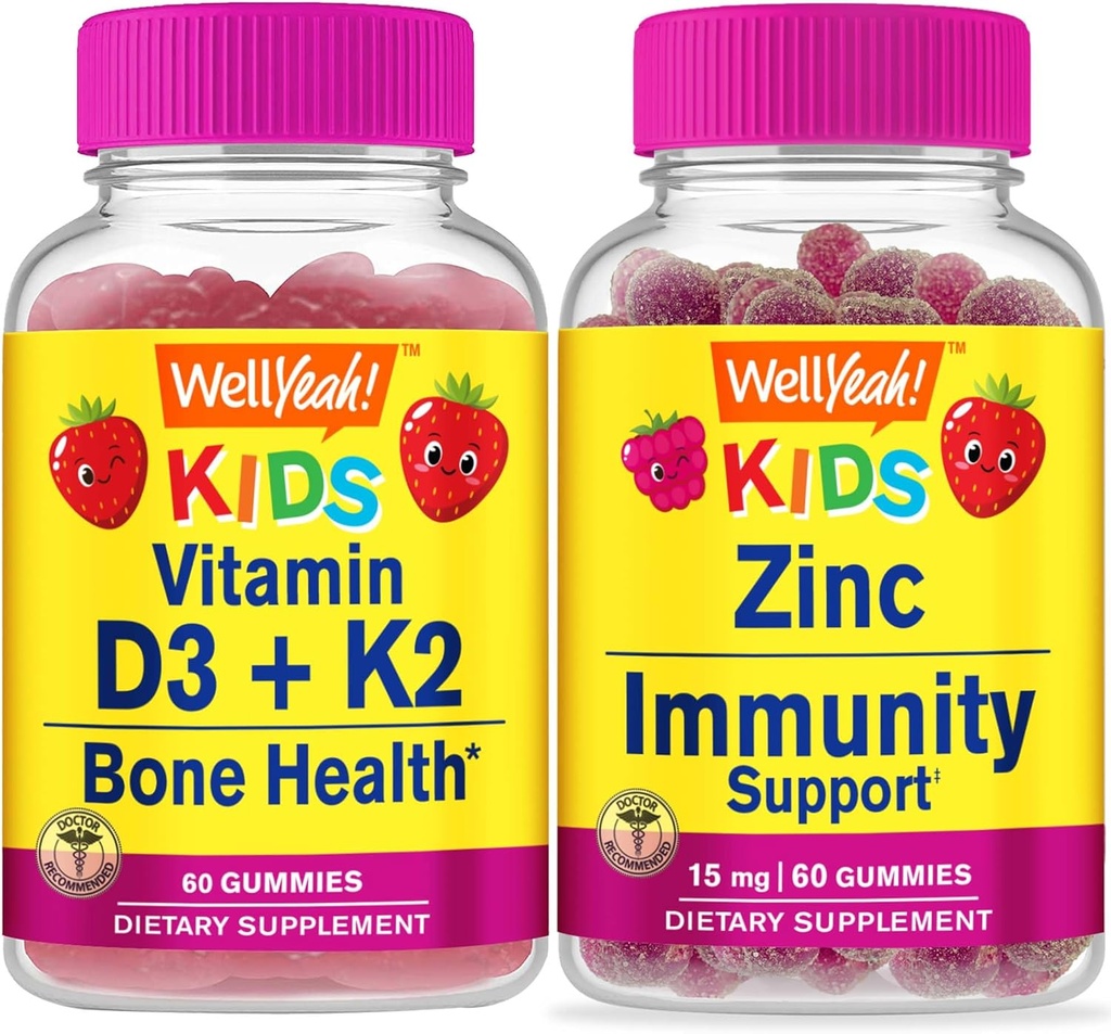 WellYeah Vitamin D3+K2 Kids + Zinc Kids 15mg, Gummies Bundle - μεγάλη γεύση, συμπλήρωμα βιταμίνης, χωρίς γλουτένη, GMO δωρεάν, μασώμενη ούλα