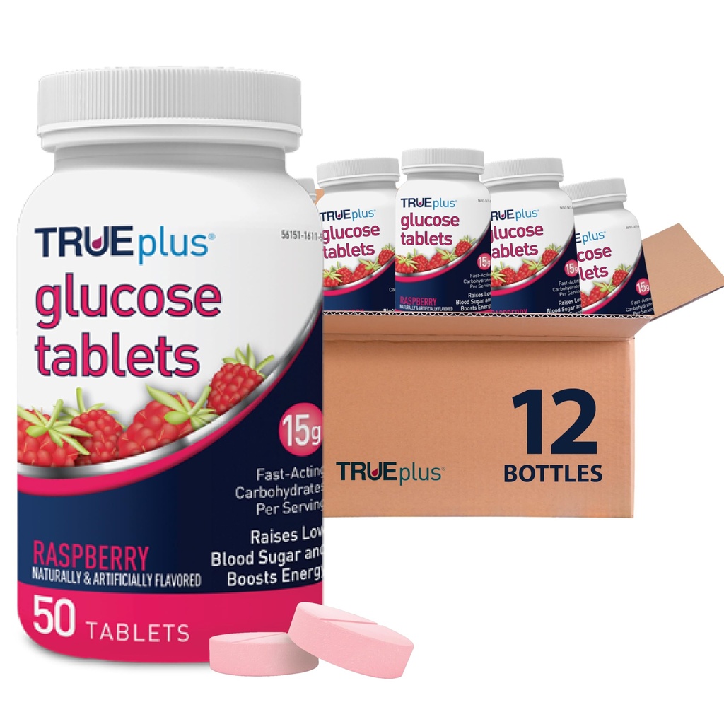 TRUEplus Glucose Tablets, Chewable, Raspberry Flavor, 15g Fast-Acting Carbohydrates, Fat Free, Gluten Free, Boost Energy, 50 Count, 12 Bottles
