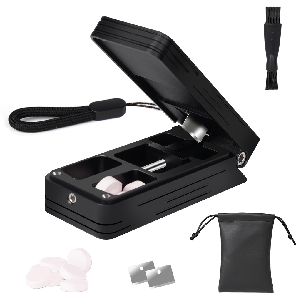 Pill Cutter for Small and Tiny Pills, Professional Aluminum Pill Splitter with Auto Centering Device and 2 Replaceable Stainless Steel Blades, Portable Pill Splitter with PU Case (Black)
