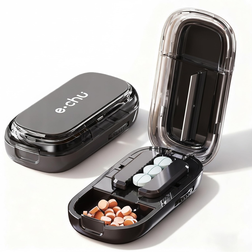 Pill Cutter Splitter for Small and Tiny Pills - Adjustable Pill Splitter with Centering Device for Cutting Multiple Pills, Precision Alignment, Easy to Use and Travel Sized (Inky Black)
