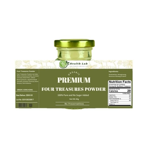 Premium Organic Heart-Nourishing Four Treasures Powder (Notogingseg+Dendrobium+Ginseng+Salvia), 40g, 100% Pure, No Sugar Added
