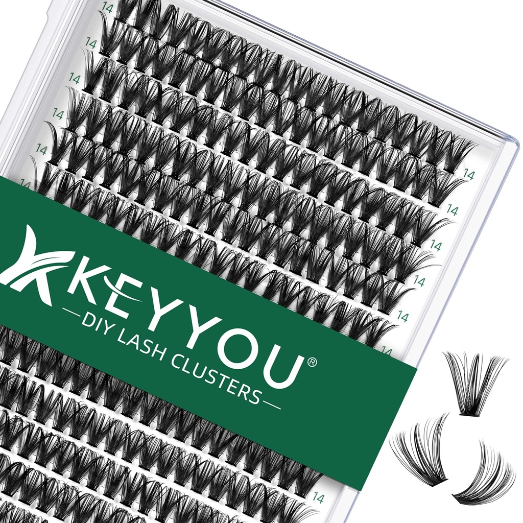 KEYYOU Lash Clusters 300pcs Individual Lashes, 40D 0.07C Curl 14mm DIY Eyelash Extension, Soft & Natural Volume Cluster Lashes with Large Tray