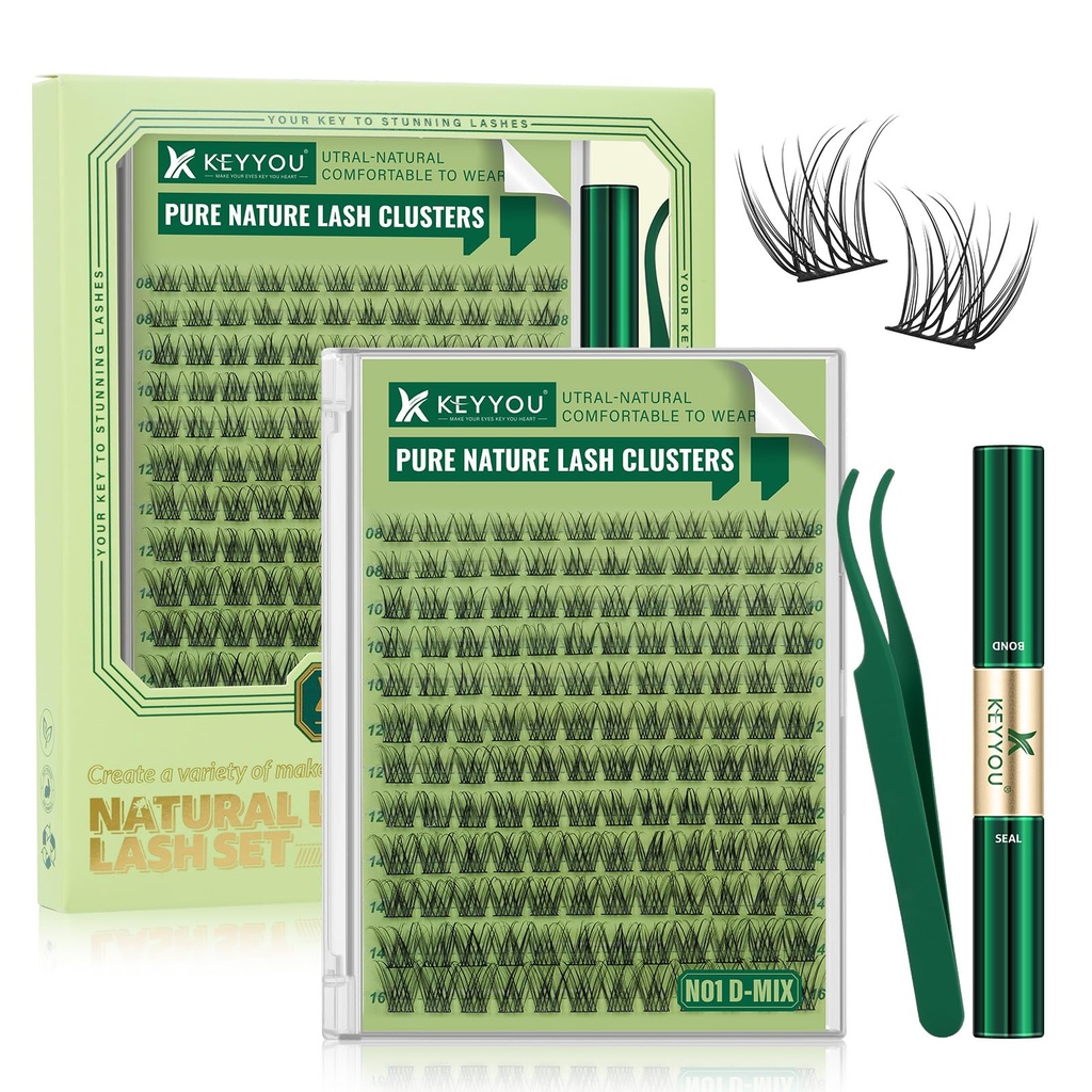 KEYYOU Natural Lash Clusters Kit 144Pcs DIY Lash Extension Kit Wispy Eyelash Extensions Kit D Curl 8-16MIX with Bond and Seal and tweezers with Thin Lash Band(KIT-N01-D-8-16MIX)