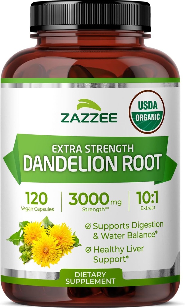 Zazzee USDA Organic Dandelion Root 10:1 Extract, 3000 mg Δύναμη, 120 κάψουλες, 4 μήνες προσφοράς, Standardized και συμπυκνωμένο 10X Extract, 100% χορτοφαγικά, όλα φυσικά και μη ΓΤΟ
