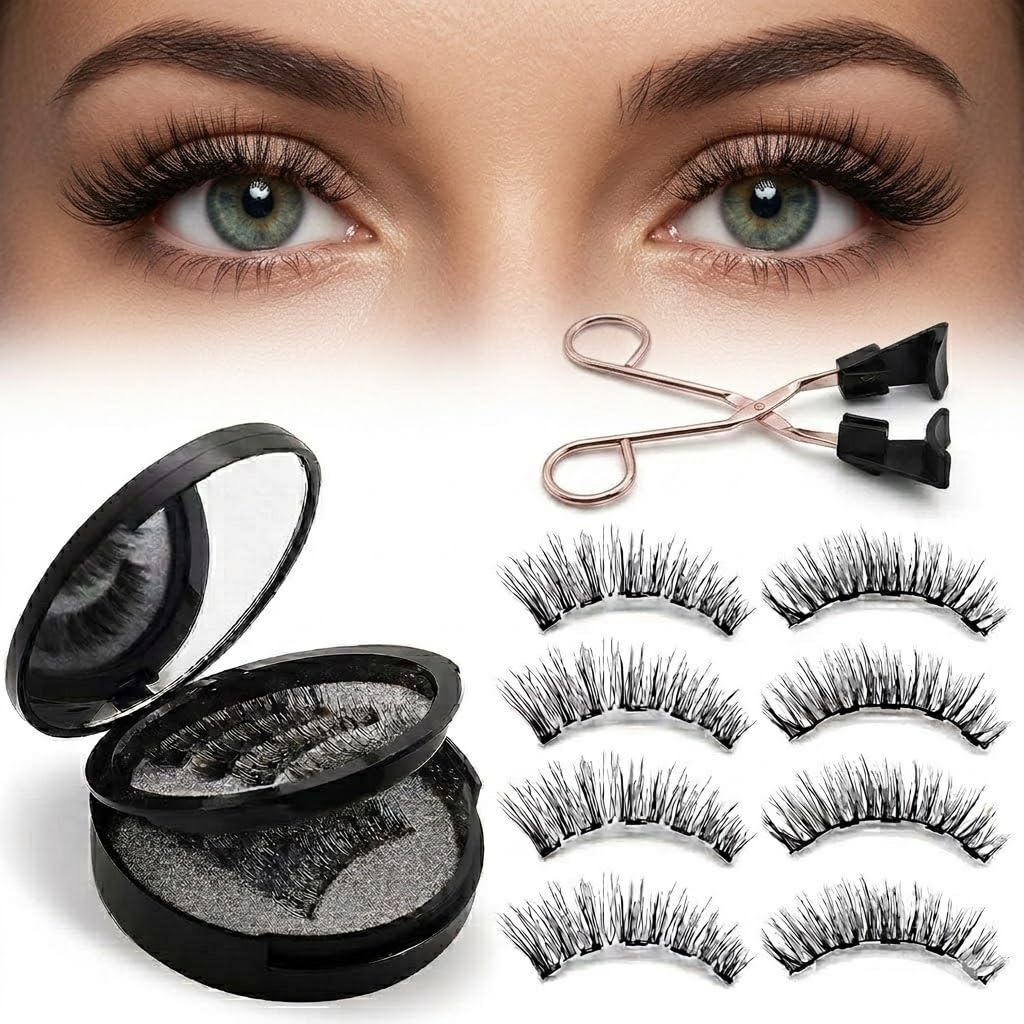 Magnetic Eyelashes with Applicator - Natural Look False Lashes Kit, Reusable 3D Lightweight Wispy Fake Eyelashes for Beginners, No Glue Needed & Comfortable All-Day Wear, 4 Pairs Black