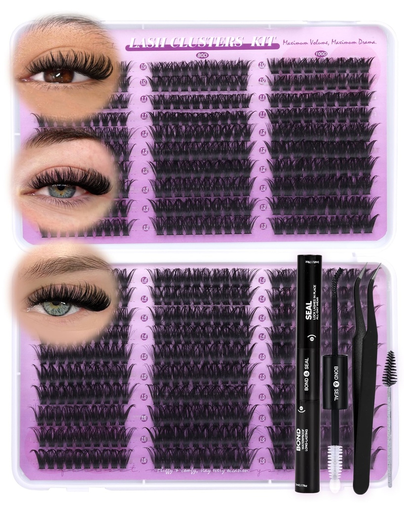 Fluffy Lash Clusters Kit Wispy Cluster Eyelash Extensions Kit 60D 80D 100D | 580pcs Volume Eyelash Clusters CD Curl Lash Extensions Kit with Lash Bond and Seal DIY for Salon-Level Look by OOjiss