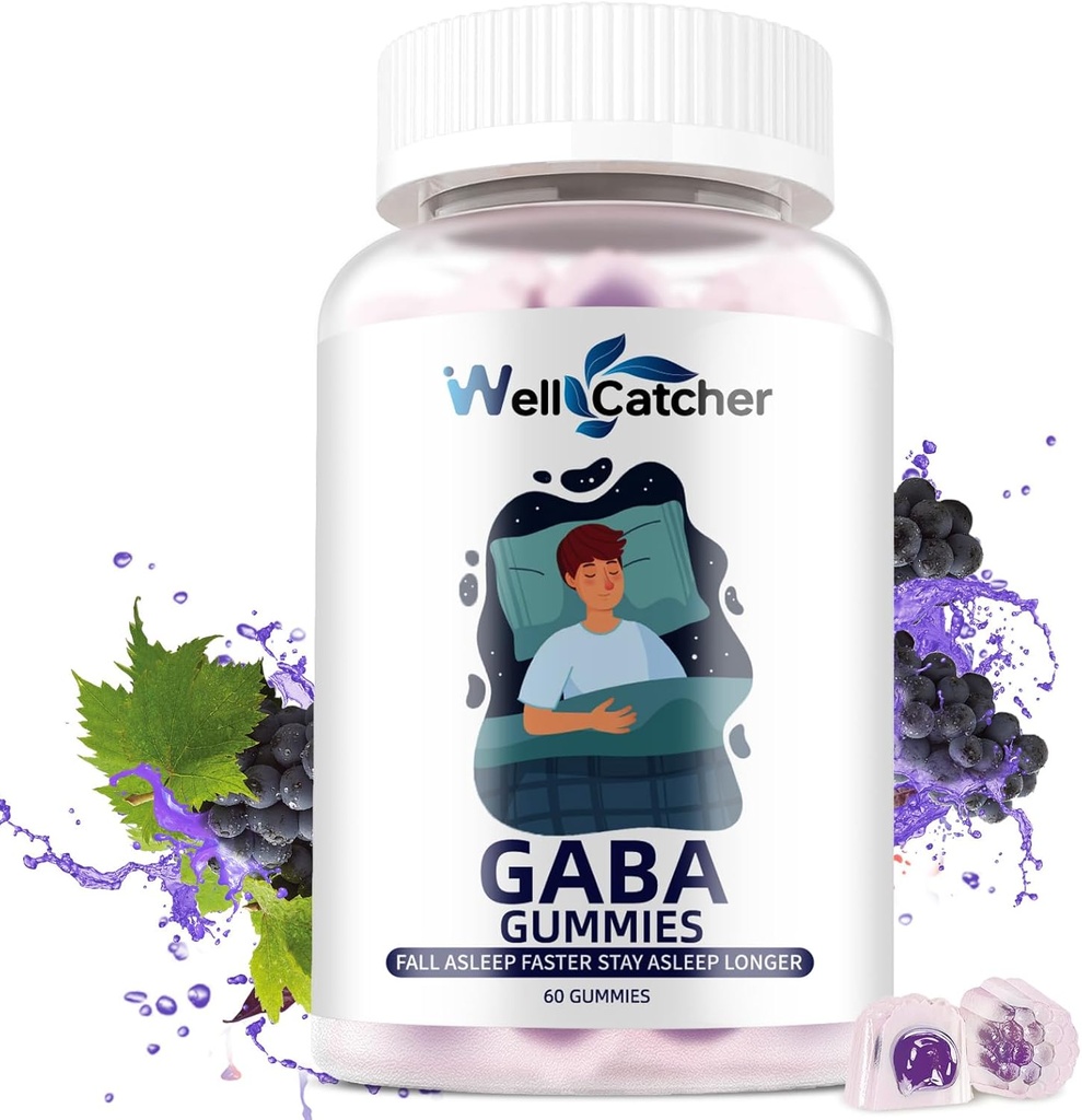 Συμπληρώματα GABA Gummies 500mg: Chewable GABA L-theanine συμπλήρωμα Gummies για ενήλικες παιδιά μη μελατονίνη Sleep Aid Calm Mind με 5-HTP για το άγχος ανακούφιση Zzz καλύτερη ζάχαρη δωρεάν άρωμα σταφυλιών 60CT