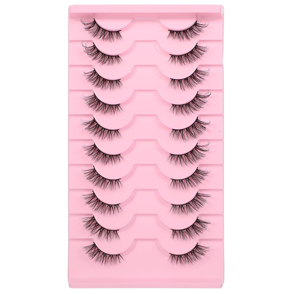 Gjinxi Half Lashes Natural Look Wispy Cat Eye Lashes, 10 Pairs Fluffy 3D Faux Mink Eyelash Fox Eye Lashes Curly Lash Short Strip Fake Eyelashes (BY08, 8-12MM)