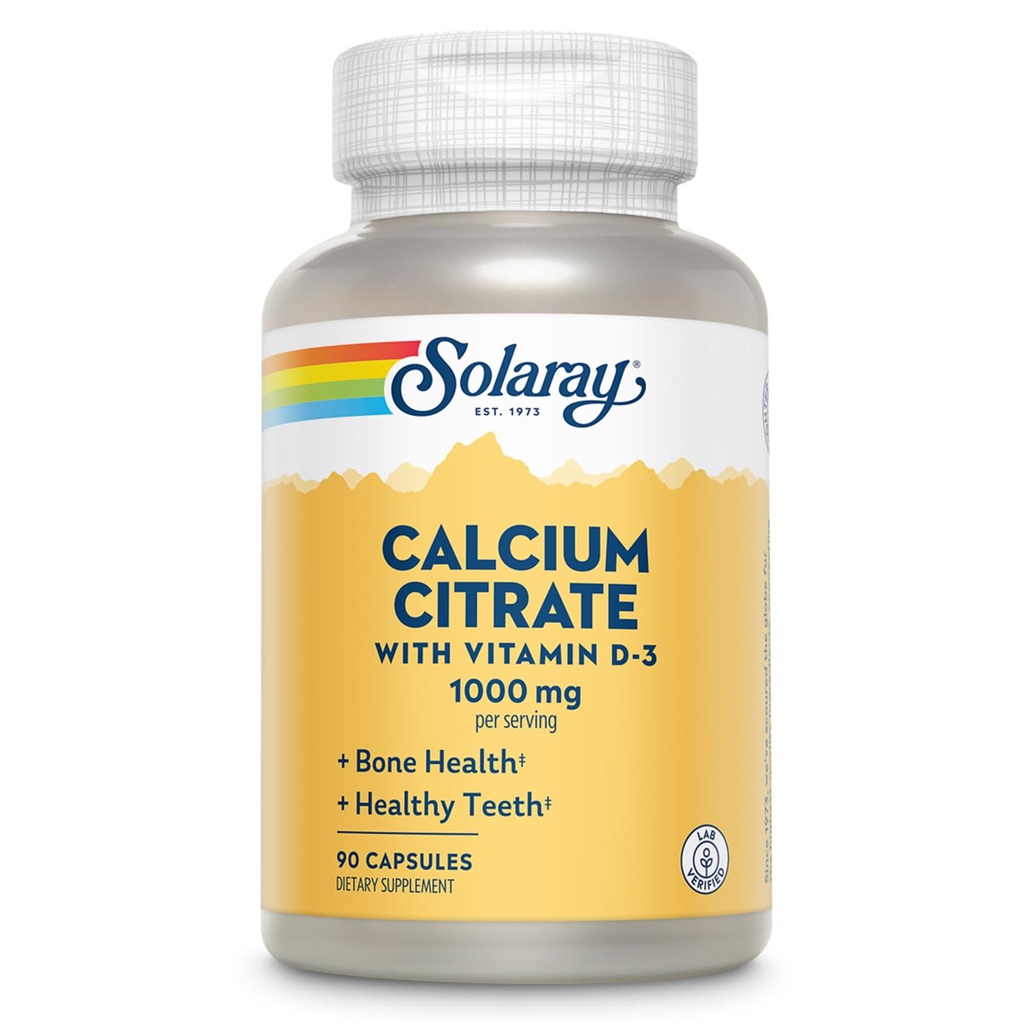 Solaray Calcium Citrate with Vitamin D3 1000mg - Δύναμη των οστών και Υγιεινή Υποστήριξη Δόντια - Gentle Digestion Formula - Lab Επαληθευμένο, 60-Day Εγγύηση - 15 Μερίδες, 90 κάψουλες