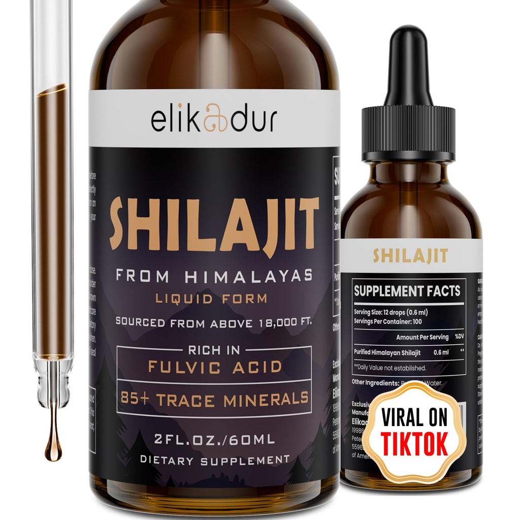 Shilajit Resin Organic Liquid Supplement, Shilajit Ιμαλαΐων Βιολογικές, Υγρές Βιταμίνες για γυναίκες και άνδρες, 85+ Ίχνη Ορυκτών, Εναλλακτική στη Resσίνη & Κάψουλες, Ενέργεια & Ανοσοποιητική Λειτουργία, Vegan, 60 ml
