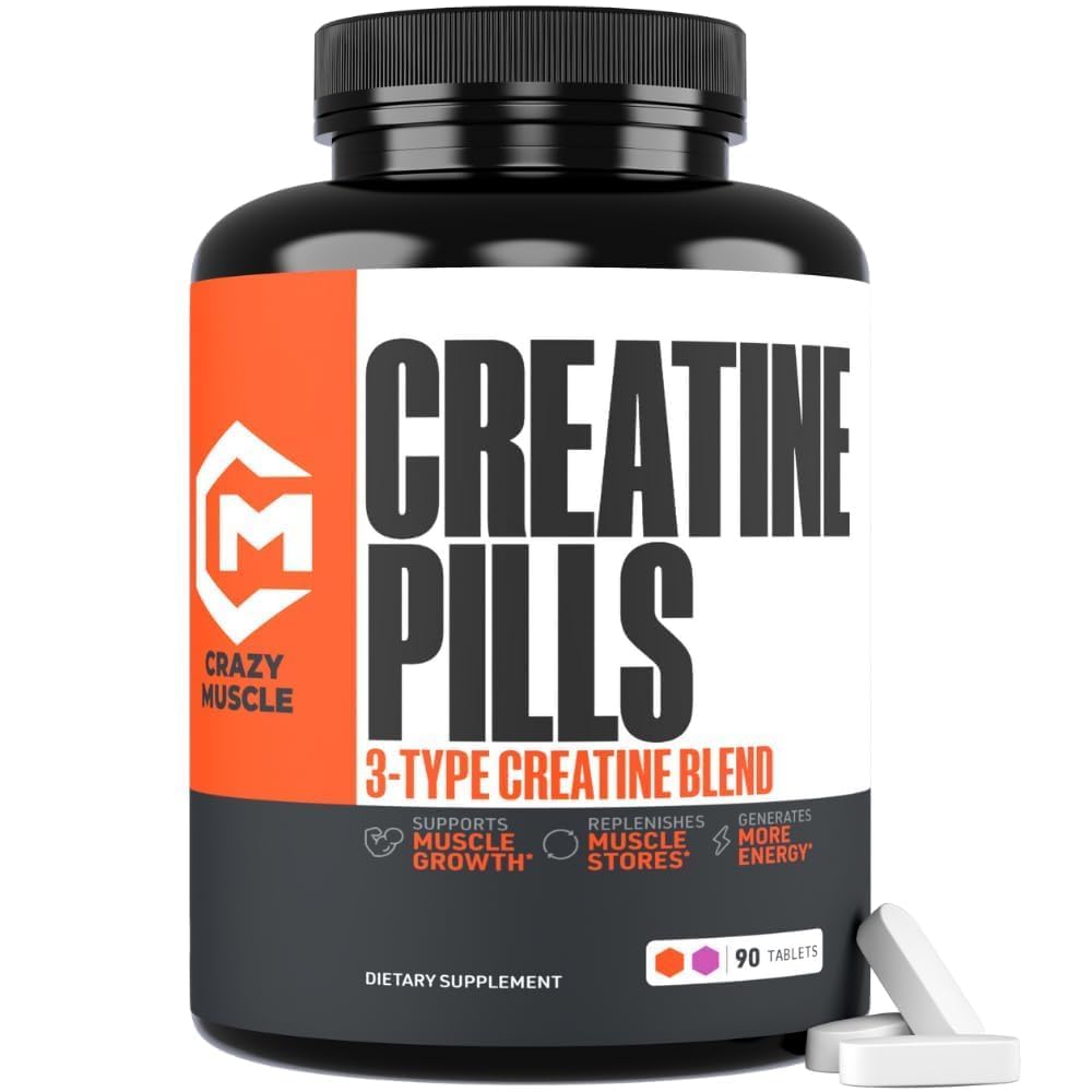 Crazy Muscle ThreeAtine Creatine Monohydrate Pills 5g Pure, 3X Formula for Muscle Support & Training Performance - High Absorption Pre Workout Supplement for Men & Women Fitness, 30 Servings