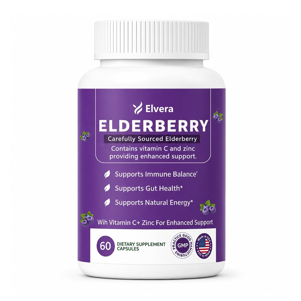 Elvera Elderberry Gut Support Supplement, Black Elderberry Extract with Vitamin C & Zinc, Daily Immune Wellness & Digestive Balance Support Capsules, Vegan, Non-GMO, 60 Count