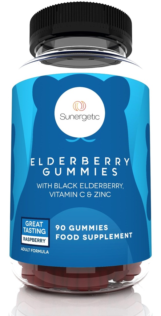 Sunergetic Premium Black Elderberry Gummies – Black Elderberry with Vitamin C & Zinc – Helps Support Immune System – Great Tasting Sambucus Elderberry Gummies – Raspberry Flavored – 90 Gummies