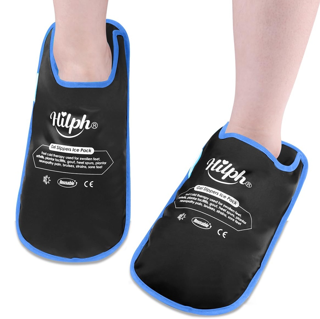 Hilph Foot Ice Pack Slippers for Plantar Fasciitis, 1 Pair - Reusable Hot & Cold Packs, Gel Ice Slippers for Foot, Broken Toes, Gout, Surgery, Neuropathy, Diabetic, Swollen, Black