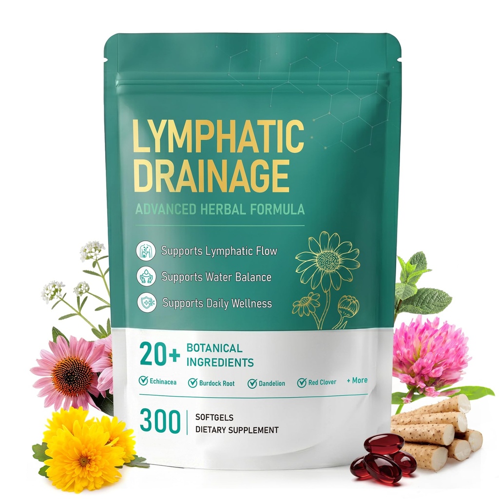 Lymphatic Drainage Supplement 300 Softgels – 21-in-1 Herbal Blend with Burdock Root, Echinacea & Dandelion for Lymph System Support, Healthy Fluid Balance & Immune Health for Women & Men