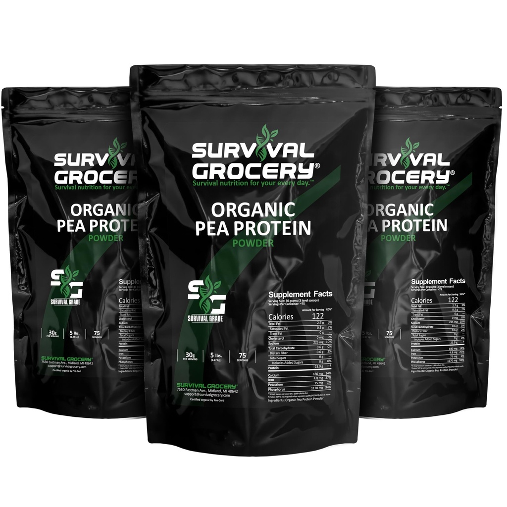 Survival Grocery® Organic Pea Protein - Organic, Non-GMO, North American Grown & Produced, Gluten Free, Vegan, Survival Grade Protective Bulk Bags with Long Shelf Life (15 lbs./3 Bags)