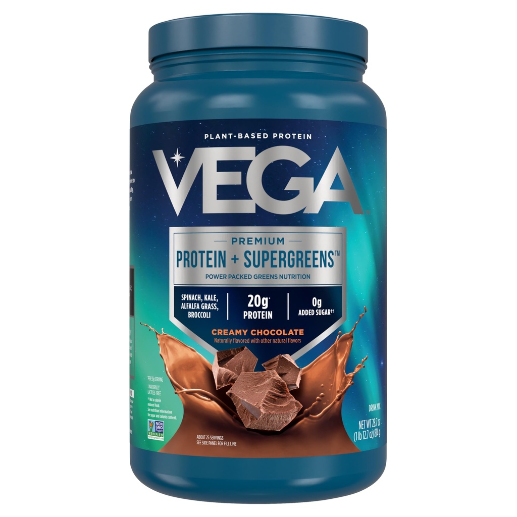 Vega Premium Protein + Supergreens, Chocolate – 20g Vegan Protein, Dairy & Gluten Free, 28.8 oz, 25 Servings (Pack of 12)