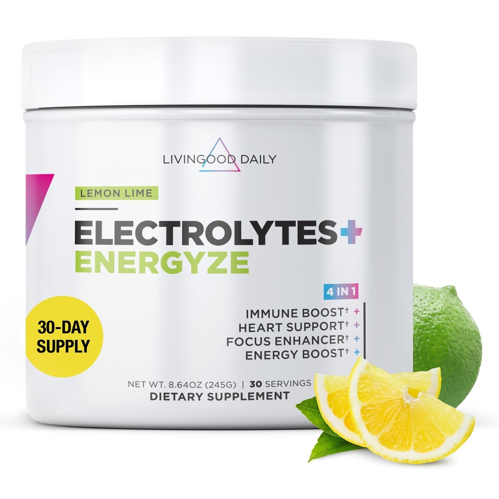 Livingood Daily Electrolytes Powder Lemon Lime, 30 Servings - 4in1 Hydration Powder with Vitamin C, Taurine, D Ribose & FOS, Sugar Free Electrolyte Drink Mix, Keto, Gluten Free - Made in USA