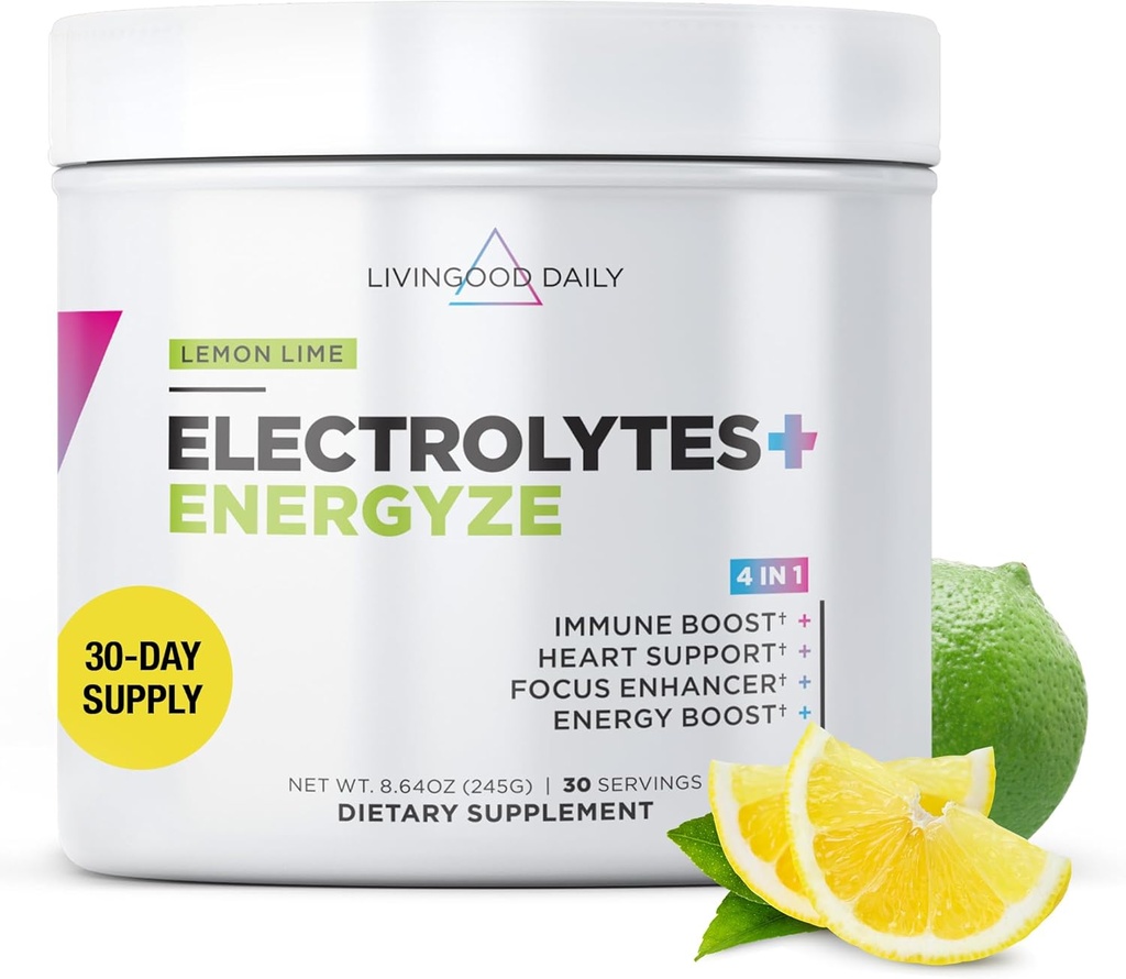 Livingood Daily Electrolytes Powder, Ηλεκτρολύτες Ενυδατική σκόνη με Βιταμίνη C, Ταυρίνη, D Ribose & FOS, Ζάχαρη Δωρεάν Ηλεκτρολυτικό Μείγμα Ποτού, Κέτο, Χωρίς Γλουτένη, Λεμόνι Lime Γεύση, 30 Μερίδες