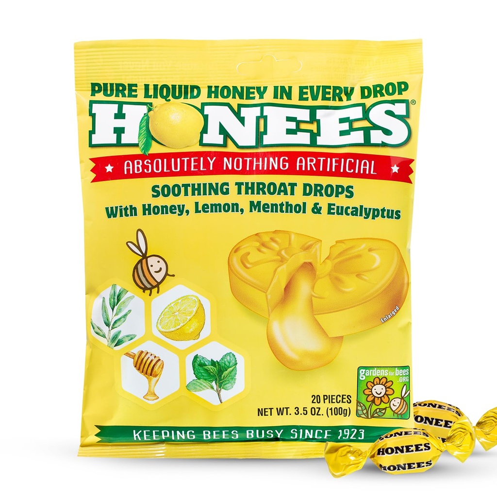 Honees Filled Honey Lemon Cough Drops- Filled with Honey, Menthol, Lemon and Eucalyptus - Nothing Artificial -Natural Sore Throat Lozenges- Non-GMO (1 Pack – 20 Drops)