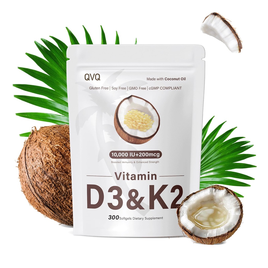 300 Pcs 2 σε 1 Βιταμίνη D3 10000 eu Plus K2 (MK-7) 200 mcg Παρθένο έλαιο καρύδας Softgels με Βιταμίνες D & K Υποστηρίζει την απορρόφηση ασβεστίου, οστού, ανοσοποιητικού, και την υγεία της καρδιάς – Εύκολο στην κατάποση