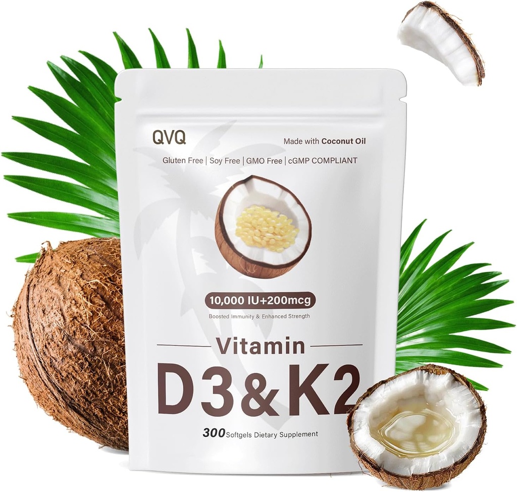 300 Pcs 2 in 1 Vitamin D3 10000 iu Plus K2 (MK-7) 200 mcg Virgin Coconut Oil Softgels with Vitamins D & K Supports Calcium Absorption, Bone, Immune, & Heart Health – Easy to Swallow